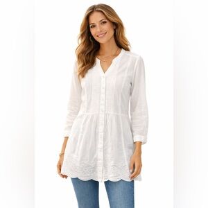 BIT AND BRIDLE Womens‎ White Shirt Boho Tunic Lots Of Detail Top - Sz Med